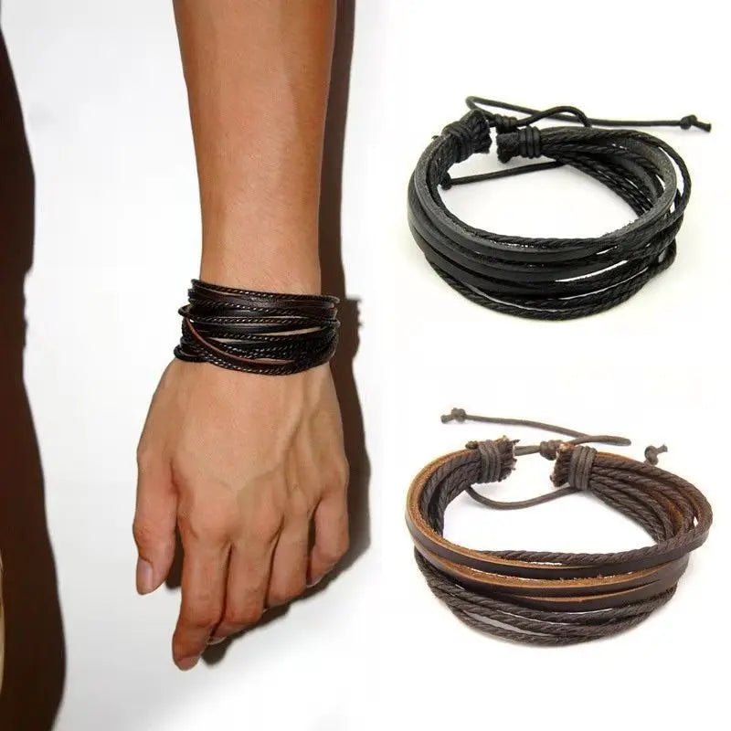 Men's Handmade Leather Wrist Bracelet Multilayer Lace Up Fashion Accessory