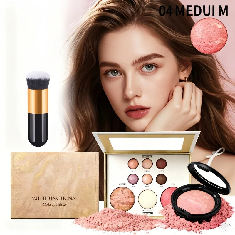 All-in-One Full Face Baked Makeup Palette with Brush - Travel-Ready, Versatile Colors