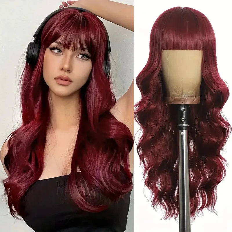 Synthetic Wig with Long Curly Hair and Bangs - Multiple Colors for Daily & Party Wear