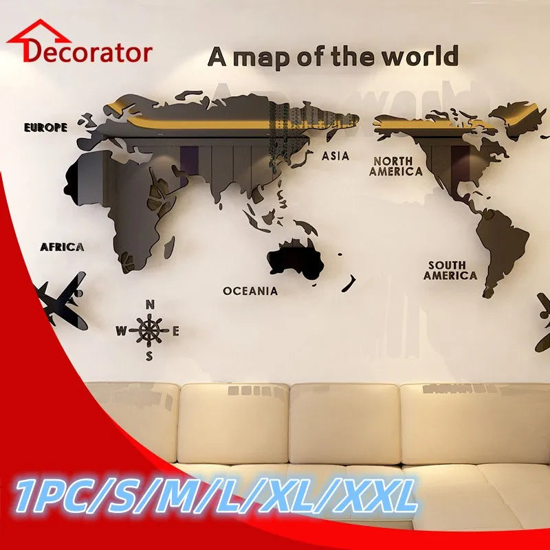 3D Wall Decal World Map Acrylic Sticker for Office Living Room Study Interior Decoration