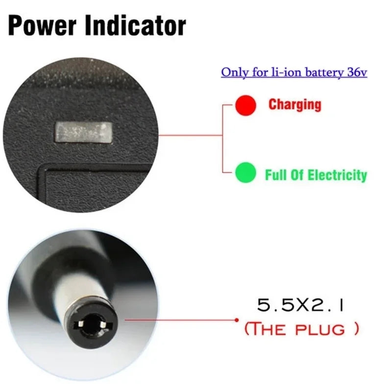 36V 2A Lithium Battery Charger with LED Indicator EU/US Plug for 10S 8-20Ah Battery Packs