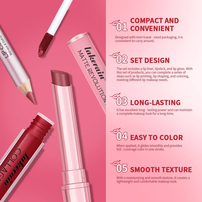 3-Piece Lip Makeup Set with Lip Liner Lip Gloss and Lipstick - Long-Lasting Hydrating Travel Mini Kit