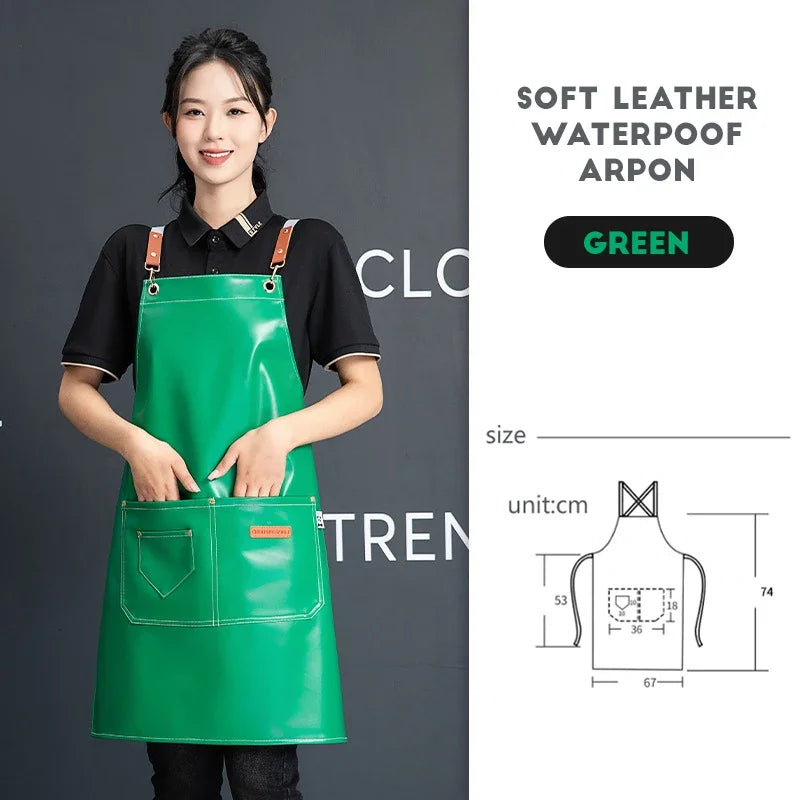 Professional Waterproof Leather Barber Apron with Pockets - Customizable Workwear for Hairdressers and Stylists