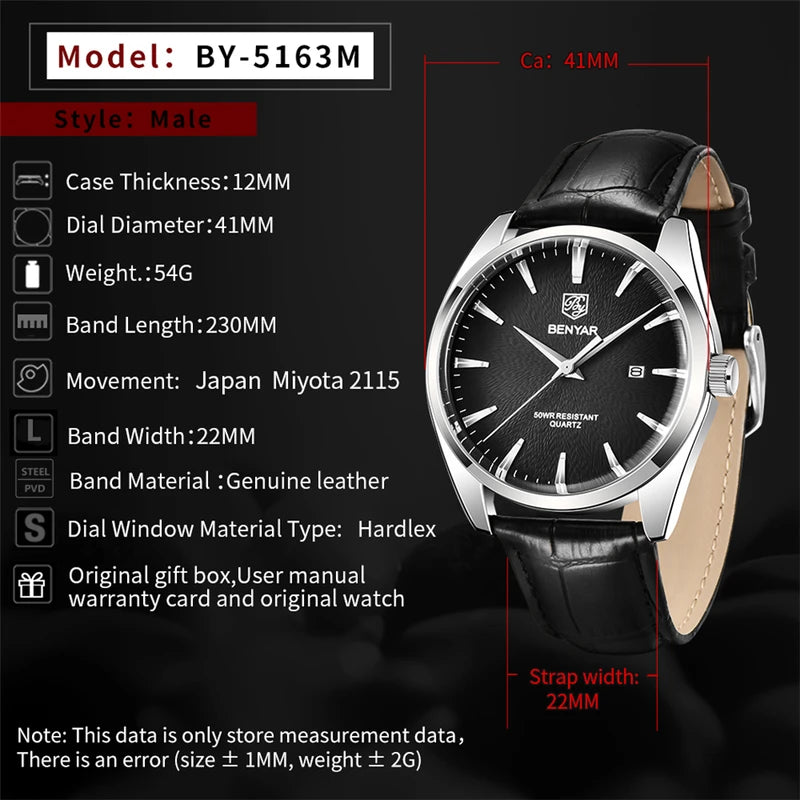 Luxury Military Wristwatch for Men Waterproof Leather Quartz Watch - Multiple Colors