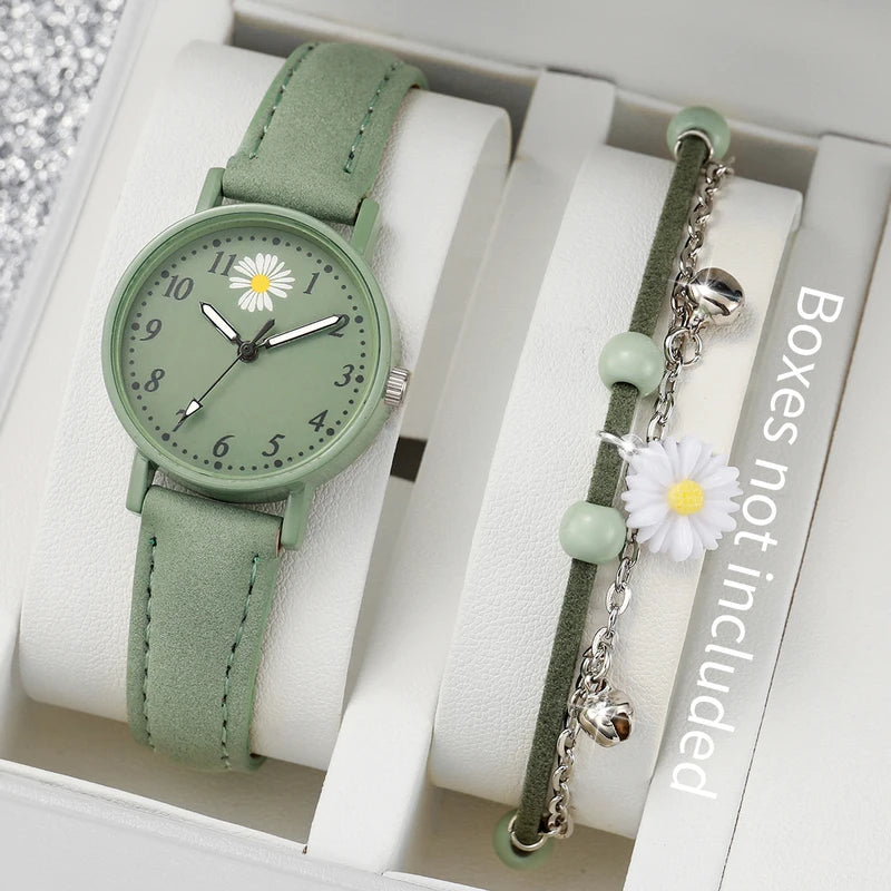 Women’s Fashion Quartz Watch and Bracelet Set with Leather Strap - Multiple Colors