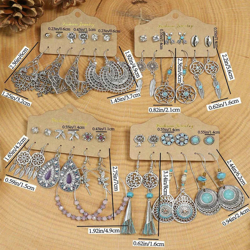 Boho Ethnic Pendant and Round Earrings Set for Women - Vintage Jewelry