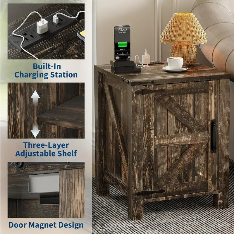 Farmhouse Bedside Table with USB Charging Station, Adjustable Two-Tier Shelf, Rustic Barn Door, Modern Bedroom End Table