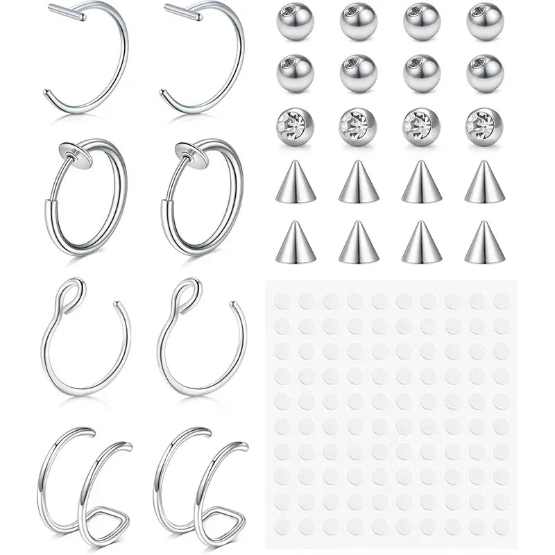 Fake Lip Piercings & Nose Rings Set - Hypoallergenic Hoop & Snake Bite Styles