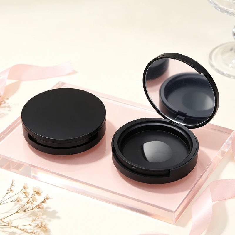 Round Plastic Makeup Compact Case with Mirror for Powder & Blush - Black
