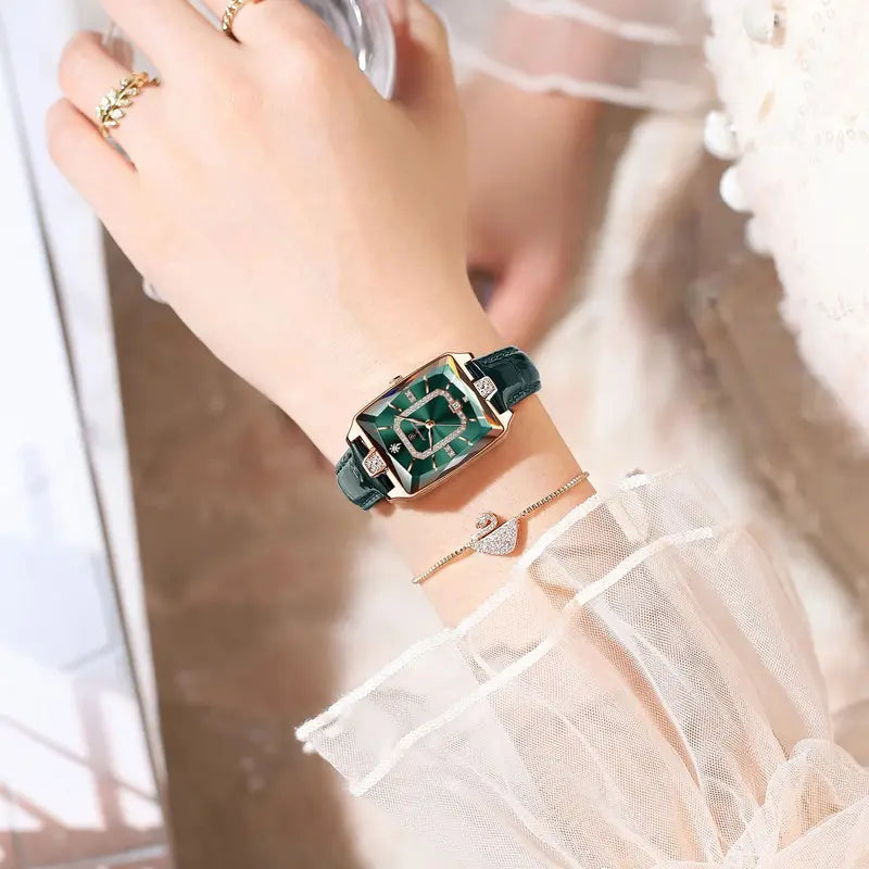 Women’s Waterproof Leather Watch with Date Function - Rectangle Quartz Watch