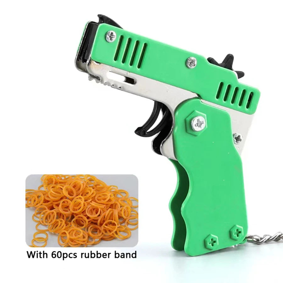 Mini Folding Rubber Band Launcher Toy with Keychain and 60 Rubber Bands - Perfect Gift