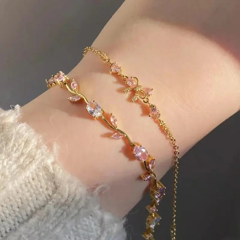 Pink Zirconia Crystal Flower Bow Bracelet for Women Adjustable 18K Gold Plated