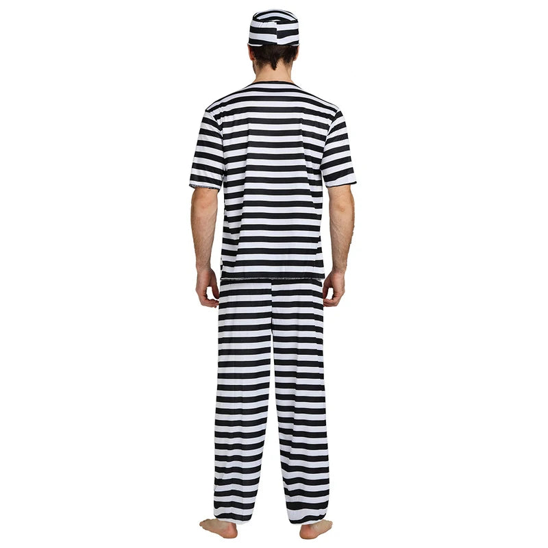 Prisoner Cosplay Costume Set for Men & Women - Striped Top Pants Hat