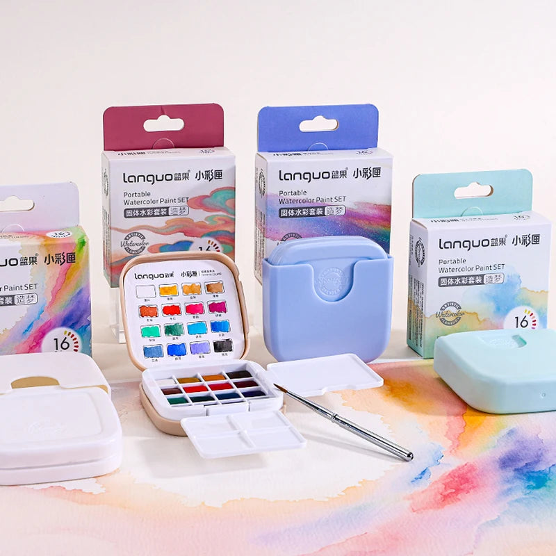 Mini Portable Watercolor Paint Set with Brush & Palette - 16 Colors for Travel Art