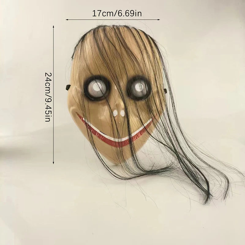Halloween Ghost Mask with Long Hair V-Shaped Mouth Fun Mask for Costume Party