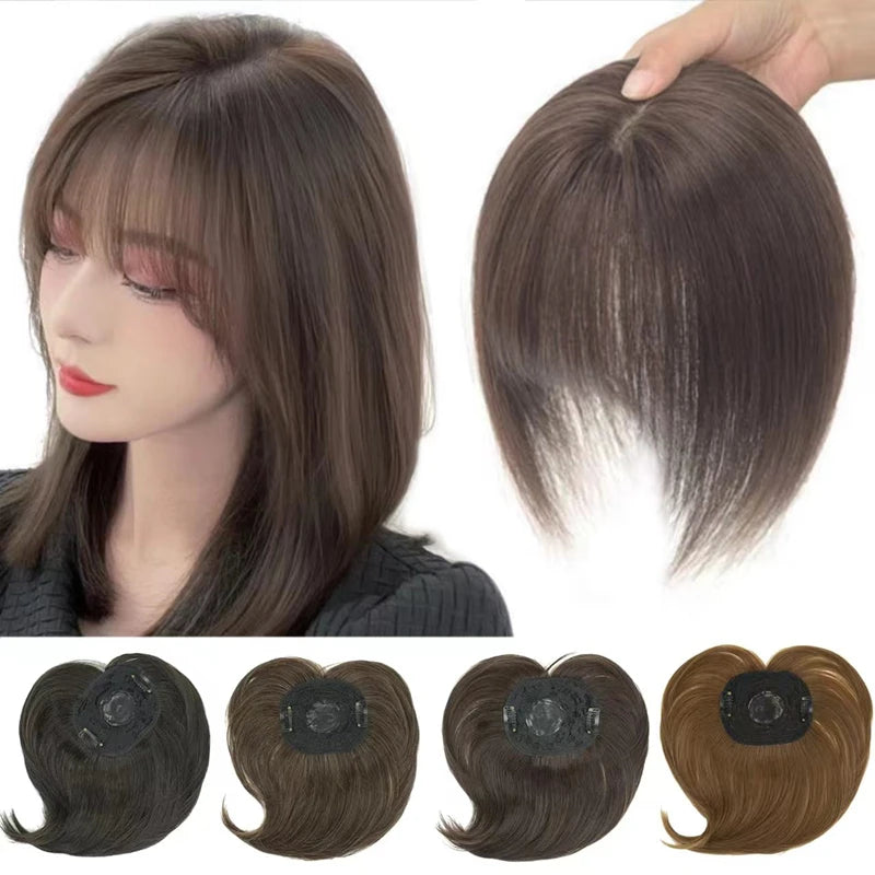 Synthetic Hair Topper with Bangs - Invisible 3D Hair Toupee for Men & Women