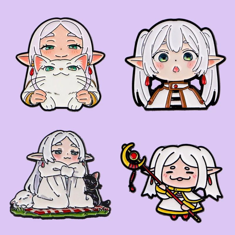 Cute White Haired Elf Enamel Pin Set - Cartoon Girls Brooches for Backpack or Clothing