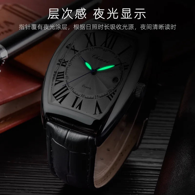 Men's Waterproof Quartz Watch with Leather Strap and Calendar - Multiple Colors