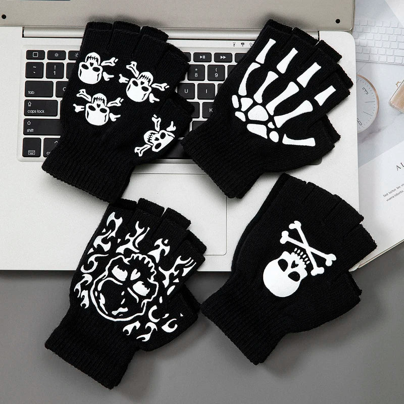 Halloween Knit Gloves with Skull Pattern for Boys & Adults - Warm Fall Winter Accessory