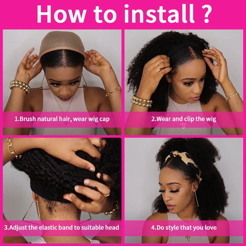 Headband Wig Human Hair Kinky Curly Full Machine Made 180% Density - No Glue