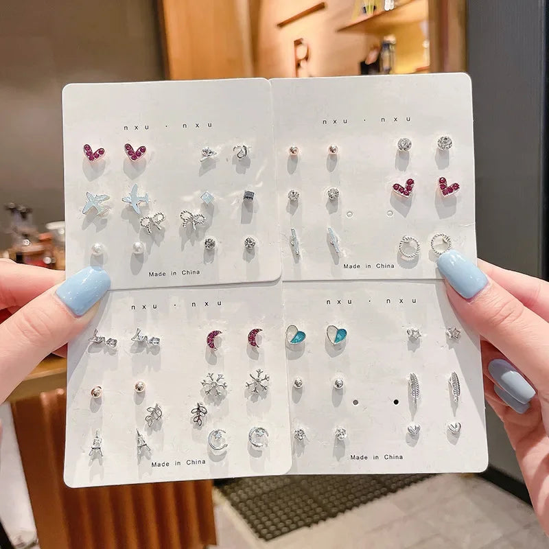 Sea Blue Bean Geometric Ear Stud Set Small Flower Butterfly Jewelry Pack