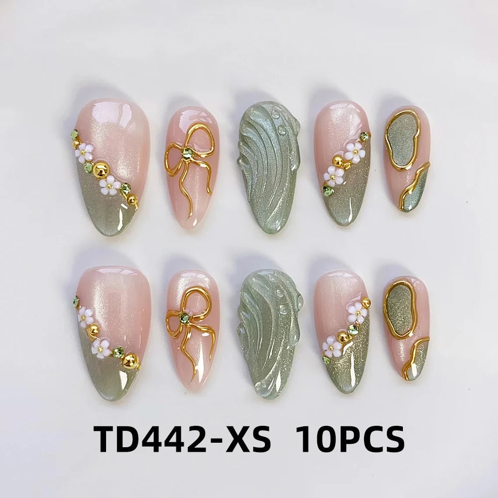 Press On Nail Set with 3D Gold Bow & Mini Flowers - Medium Almond, Full Cover