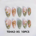 Press On Nail Set with 3D Gold Bow & Mini Flowers - Medium Almond, Full Cover