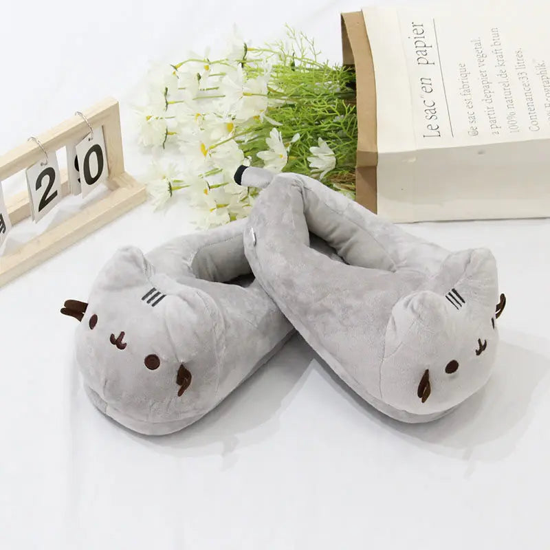 Gray Cat Slippers Cozy Indoor Footwear for Men Women - Fluffy Autumn Winter Gift