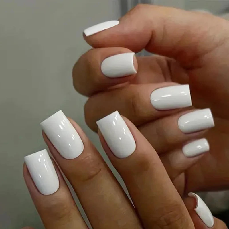 Medium Square White 3D Stereo Press On Nails - Full Cover Fake Nail Set for Stylish Women & Girls