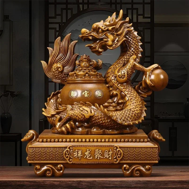 Dragon Treasure Bowl Resin Decor for Living Room & Office - Wealth Attraction Ornament
