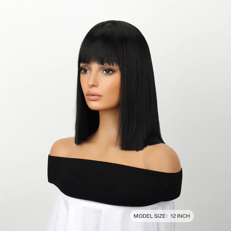 Black Bob Wig with Bangs for Women Short Straight Synthetic Heat-Resistant Wig