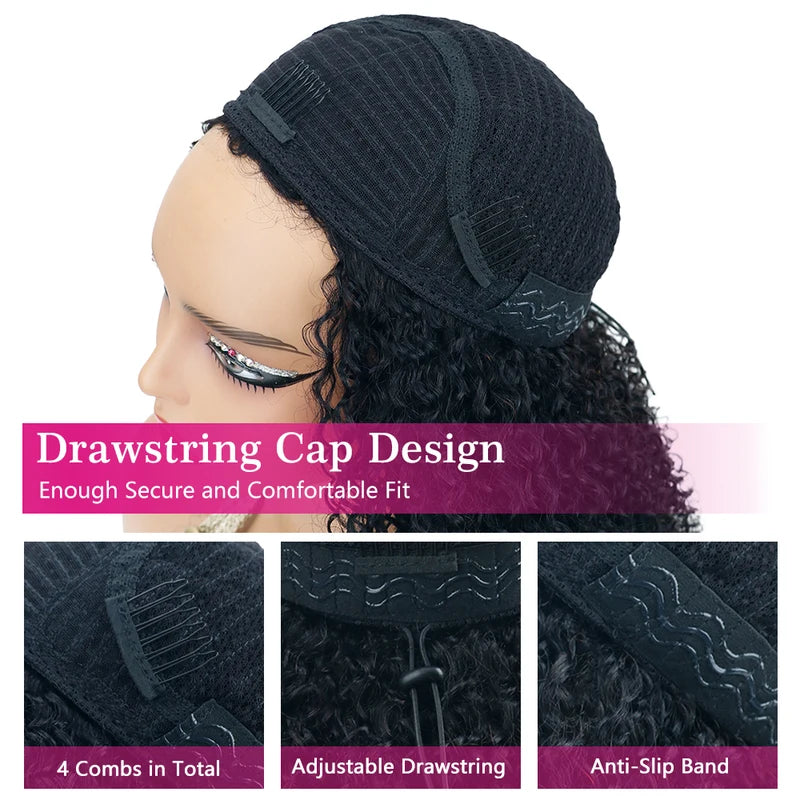 Kinky Curly Half Wig 3-in-1 Human Hair with Clip-Ins & Drawstring Seamless Style