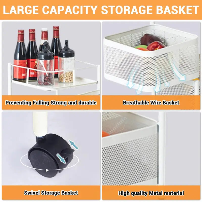 5-Tier Rotating Storage Cart with Mesh Baskets - Mobile Kitchen & Pantry Organizer