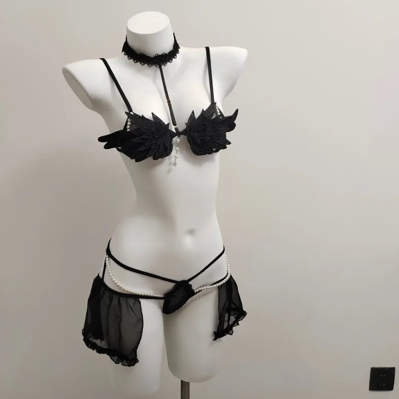 Women’s Erotic Lingerie Set with Wings - Halloween Devil & Angel Costume