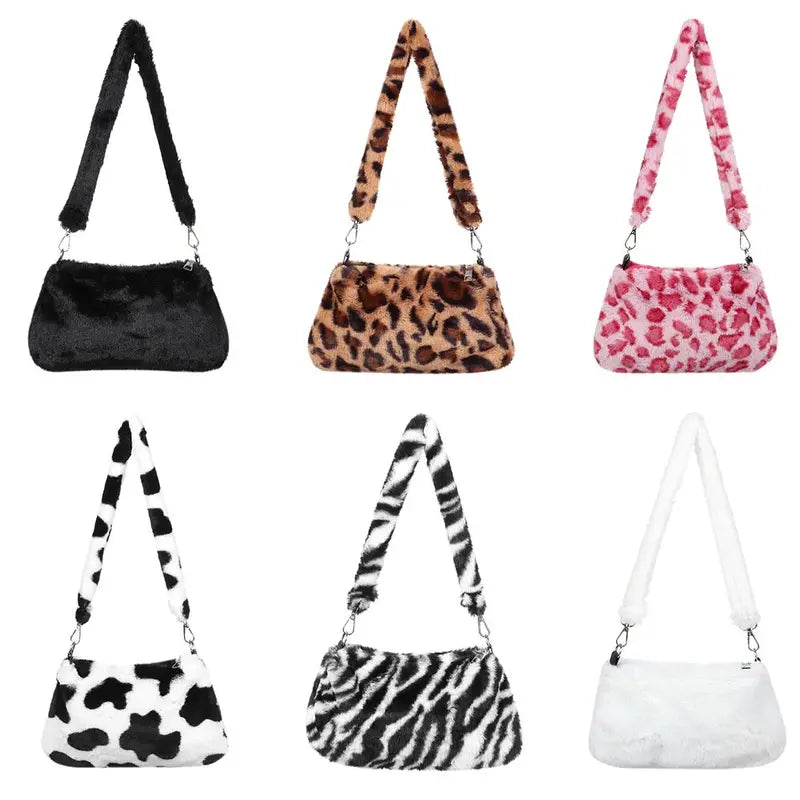 Women’s Animal Print Faux Fur Shoulder Bag Crossbody Messenger Purse