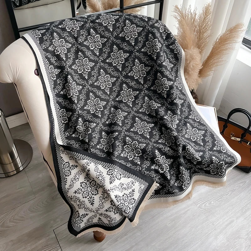 Luxury Ethnic Style Two-Sided Pashmina Scarf with Fringe - Soft Warm Winter Shawl