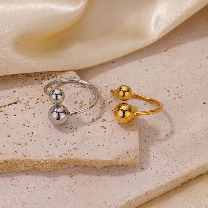 Stainless Steel Double-Layer Bead Ring for Women Geometric Ball Open Jewelry