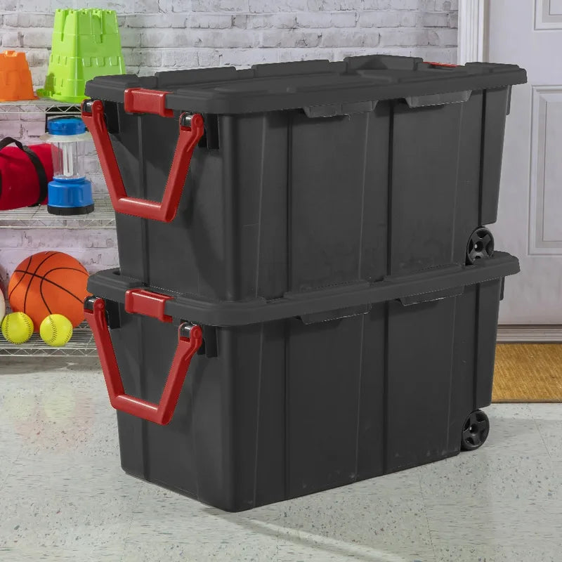 40 Gallon Wheeled Plastic Storage Bin - Heavy Duty Industrial Tote with Handle, Pack of 2