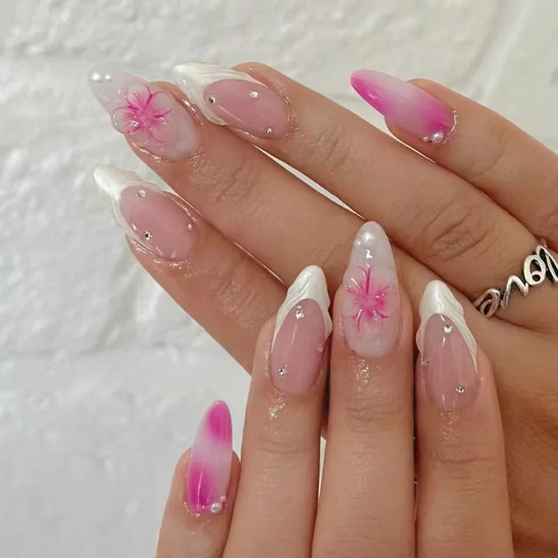 24Pcs Full Cover Nail Tips - French Almond False Nails for Manicure