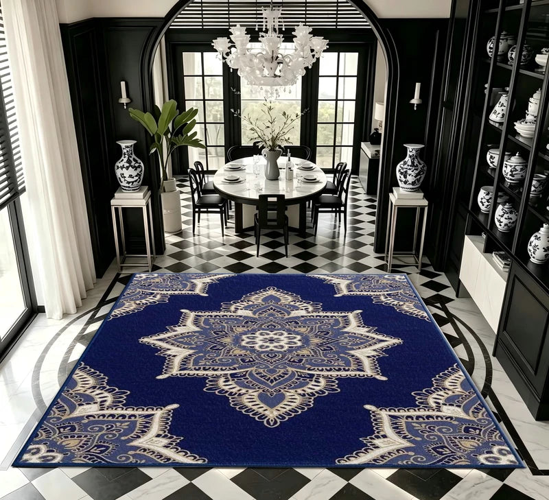 Bohemian Floral Medallion Area Rug - Navy Blue Indoor Floor Mat, Multiple Sizes
