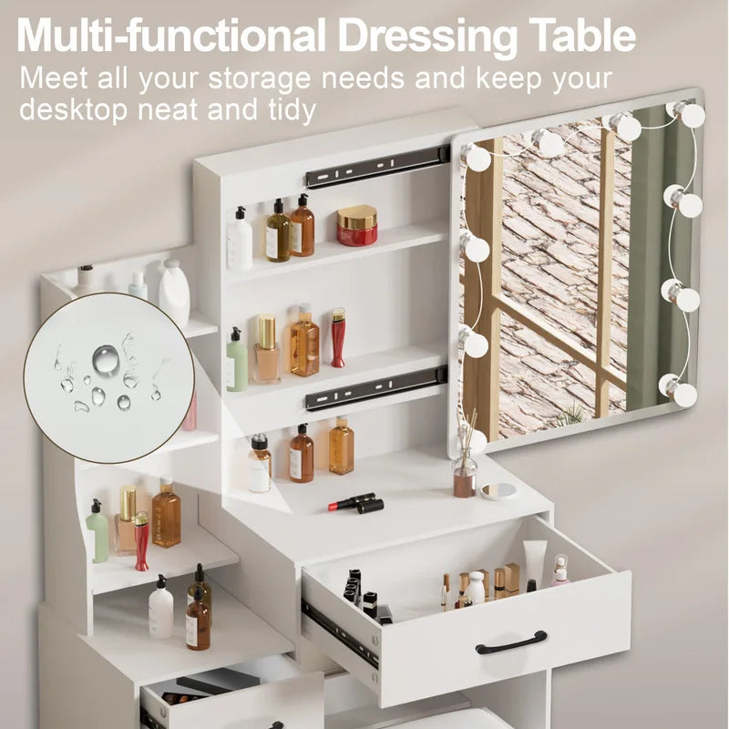 Modern White Dressing Table Set with Adjustable LED Mirror & 4 Drawers