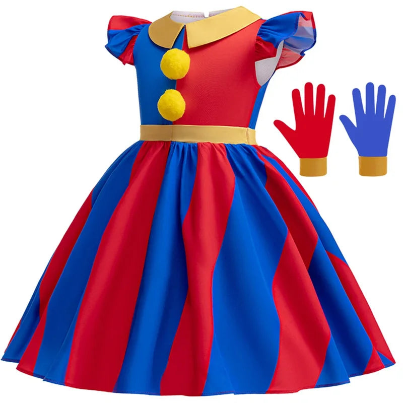 Halloween Circus Cosplay Costume for Kids - Red and Blue Clown Dress Up Outfit with Headwear