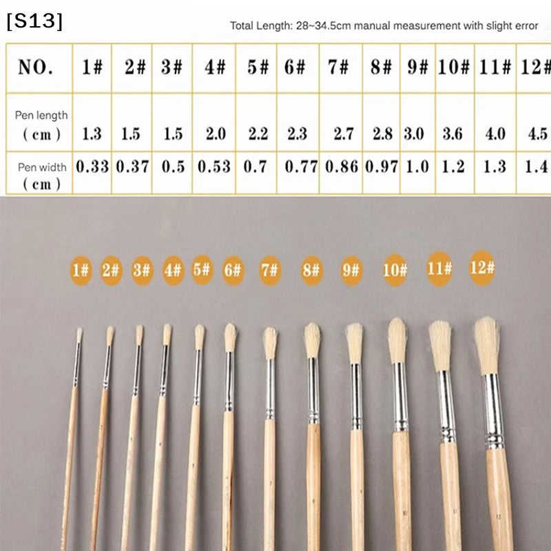 12Pcs Oil & Acrylic Art Brushes Set - Round Pig Bristle Hair with Long Wooden Handles