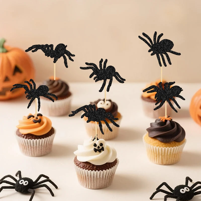 Halloween Spider Cupcake Decorations Set - 24 Glitter Toppers for Party Cakes