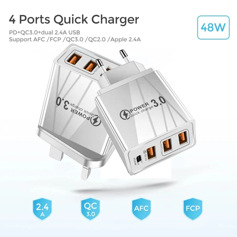 48W USB-C Fast Charger with 3 Ports for Smartphone Tablets EU/US Plug