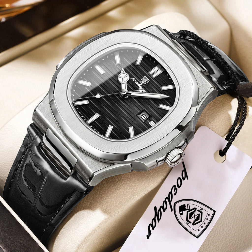 Luxury Men’s Square Waterproof Luminous Business Wristwatch with Leather Strap