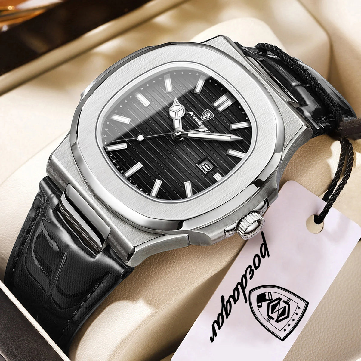 Luxury Men’s Square Waterproof Luminous Business Wristwatch with Leather Strap