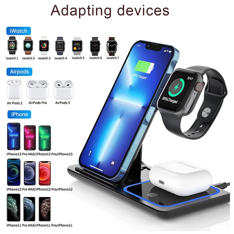 15W Wireless Charging Station Stand 3-in-1 Fast Charging Dock for iPhone, Apple Watch & AirPods