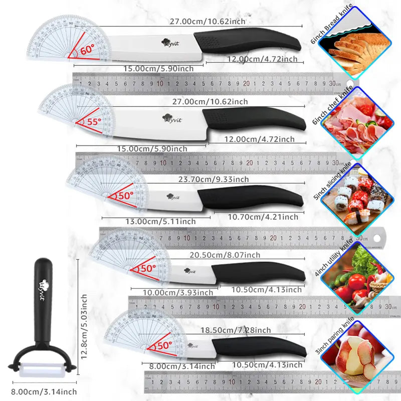Ceramic Knife Set with Multi-Color Handles - 3 to 6 Inch Kitchen Knives for Chef and Bread Use