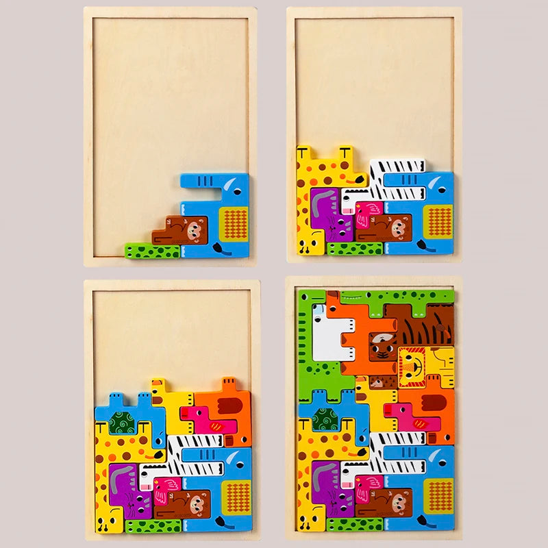 Montessori Animal Characters Wooden Puzzle for Kids - Transportation and Russian Blocks